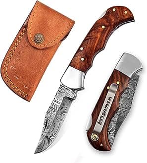 FM807 Pocket knife, Folding Clip Damascus Handmade Custom for Men Cool Good Camping Hunting Fishing & s Activities EDC Knives Leather Sheath Knife., Blue (Brown)