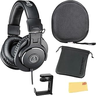 Audio-Technica ATH-M30x Professional Monitor Headphones - Black Bundle with Case, Stand, Pouch, and Austin Bazaar Polishing Cloth
