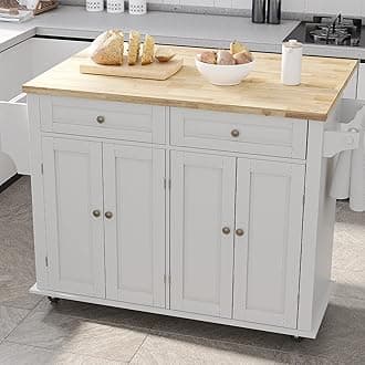 GituaRolling Kitchen Island with Drop Leaf – Movable Kitchen Carts on Wheels Island with Storage Cabinet, Island Table for Kitchen with Rubber Wood Top and Rack and Drawers, Matte, White