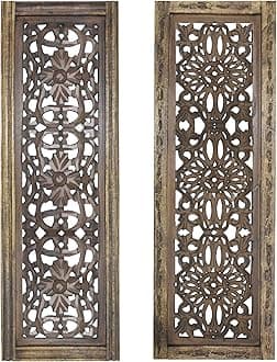TUP THE URBAN PORTFloral Hand Carved Wooden Wall Panels, Assortment of Two, Rustic Brown