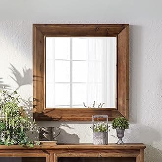 ZIYOO Rustic Farmhouse Wall Mirror, Solid Wood Frame Square Decorative Mirror, Country Style Accent Mirror for Living Room, Bedroom, Entryway, Bathroom, 32"x32"