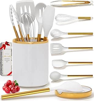 8 Piece White and Gold Kitchen Utensils – White Silicone Cooking Utensils Set, Ceramic Utensil Holder & Stackable Gold Spoon Rest –Nonstick, Non-Toxic, Heat Resistant, Luxury Kitchen Accessories