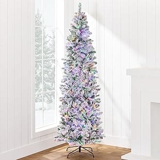 Best Choice Products Flocked Pencil Christmas Tree, Pre-Lit Slim 4.5ft Artificial Holiday Decoration, 2-in-1 White & Multicolor Lights, Lighted Decor