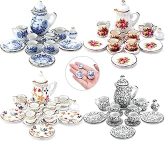 Skylety 1:12 Scale Miniature Porcelain Tea Cup Set, 60 Pieces, Flower Pattern, Plum Blossom, Red Rose Teapot Set, Accessories (Blooming Porcelain Series)