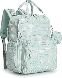 BabbleRoo Diaper Bag Backpack - Baby Essentials Travel Tote - Multi Function Water Resistant Diaper Bag, Travel Essentials Baby Bag with Changing Pad, Stroller Straps & Pacifier Case - Green Birdy