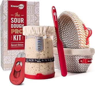 KneadAce Sourdough Starter Kit – 34oz Starter Jar, 2 Cotton Rope Banneton Proofing Baskets, Magnetic Bread Lame for Scoring – Gift for Bakers & Complete Sourdough Bread Baking Set