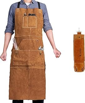 Leather Work Shop Apron with 6 Tool Pockets and Rod Holder by QeeLink - Heat & Flame Resistant Heavy Duty Welding Apron, 24" x 36", Adjustable M to XXL for Men & Women