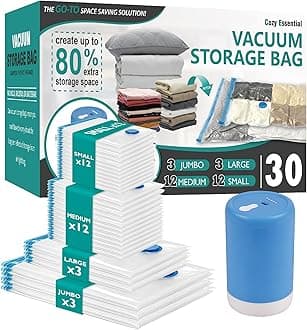 Cozy Essential Travel Vacuum Storage Bags with Rechargeable Cordless Electric Pump, Space Saver Bags for Luggage, Suitcase, Carry-On, for Clothes, Blankets, Comforters, Pillows, 30 Combo