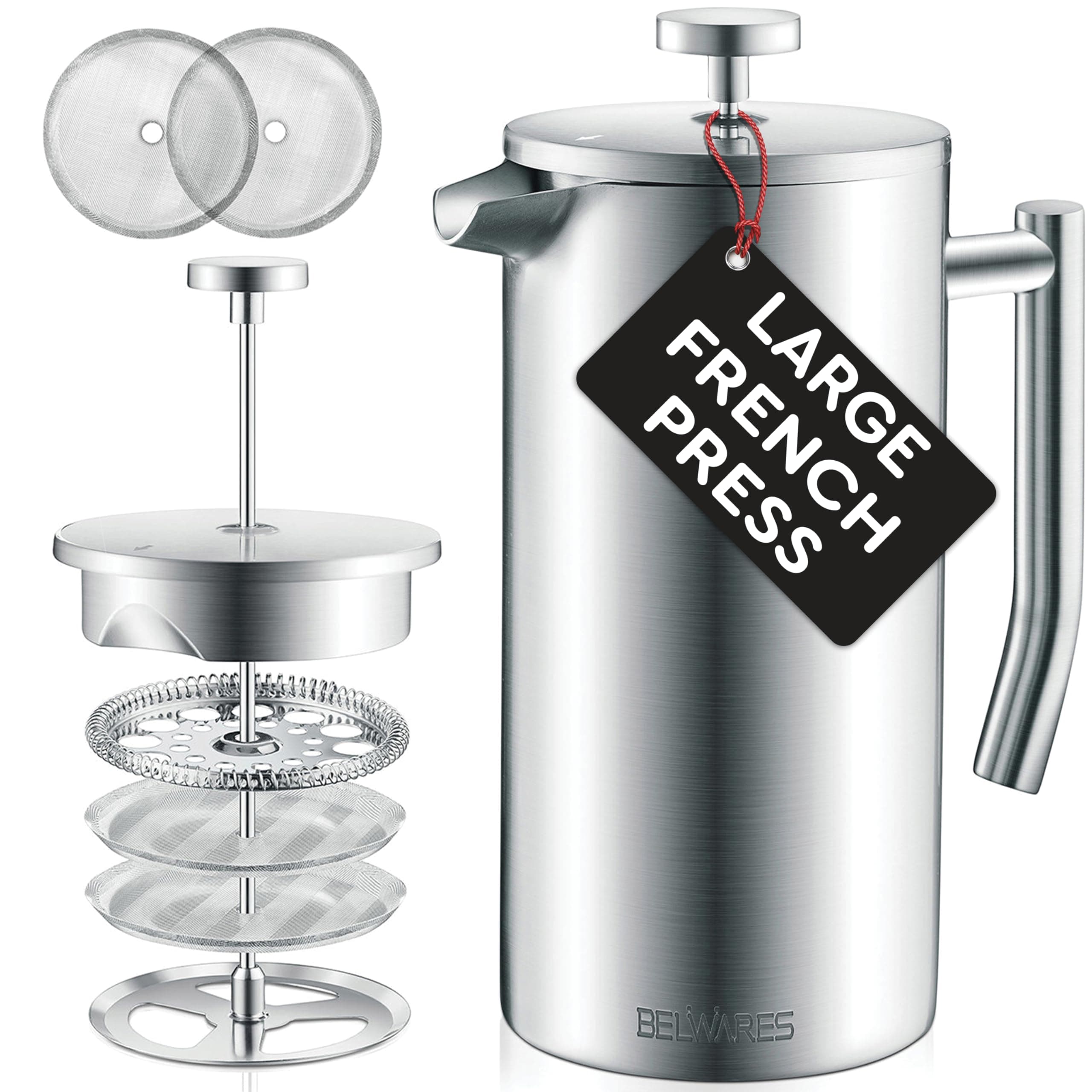 Belwares French Press Coffee Maker 50 oz - Large 304 Stainless Steel Double Wall Insulated Thermal Coffee Press for Home Kitchen, 4-Level Filtration with Extra Screens, Dishwasher Safe, 1.5L, Silver