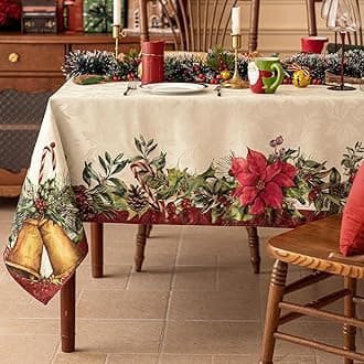 Softalker Christmas Rectangle Jacquard Tablecloth with Red Flower, Polyester Poinsettia Vintage Floral Printed Table Cloth for Xmas Party Decoration/Holiday (60x84 Inch)