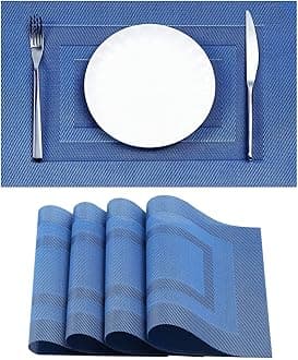 Leetaltree Blue Frame Placemats Set of 4 - Heat Resistant Non-Slip Place mats for Dining Table, Washable Durable PVC Vinyl Woven Table Mats（Blue Frame, 4）