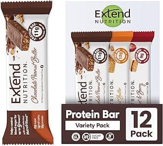 Extend Sugar Free Protein Bars, Perfect Diabetic Snacks, High Protein and Fiber, Hunger Control & Steady Energy, Low Carb, Keto Friendly (12 Count, Variety Pack)