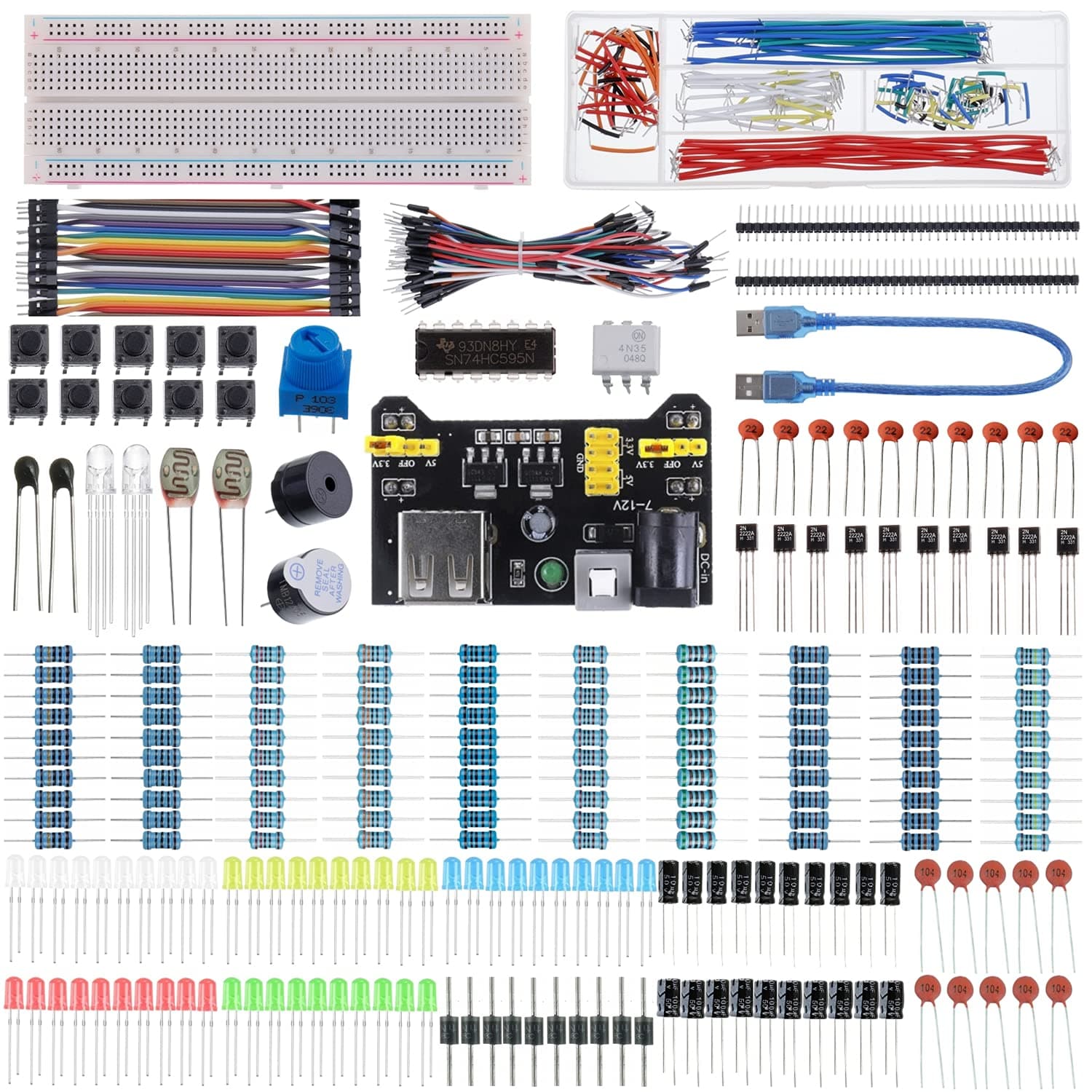 BOJACK 37 Values 480 Pcs Electronics Component Fun Kit with Power Supply Module, Jumper Wire,Precision Potentiometer,830 tie-Points Breadboard Compatible with STM32,Raspberry Pi,Arduino