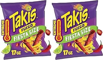 Fuego 17 oz Fiesta Size Bag, Hot Chili Pepper & Lime Flavored Extreme Spicy Rolled Tortilla Chips (Pack of 2)