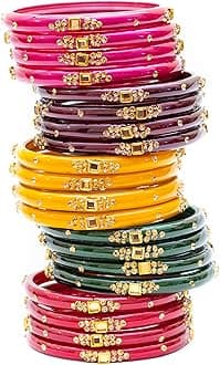 Swara Creations Traditional Glass Kada Bangles Set for women & girls Glossy Bangles Gemstone stone work Red Green Yellow Pink multicolor glass Kade