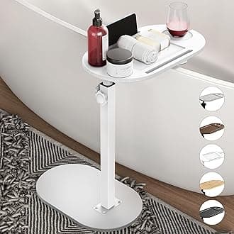 Bamboo Bathtub Tray Table with Adjustable Height, Freestanding Bath Caddy Tray Side Table for Tub Against Wall, Tub Shelf Bathroom Accessories for House Warming - Patent Protected (White)