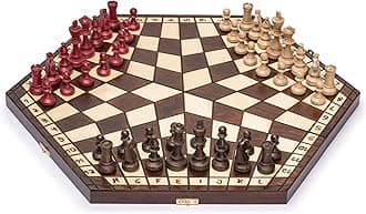 Husaria Wooden Three-Player Chess Game Set - 21 Inches - with Foldable Board, Handcrafted Playing Pieces, and Felt-Lined Storage