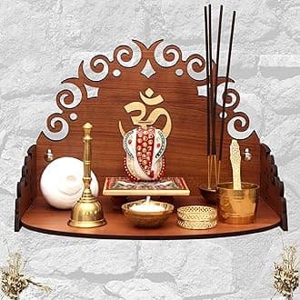Heartily® Floral 2 Beautiful Wooden Pooja Stand for Home, Mandir for Home, Temple for Home and Office, Puja Mandir for Office Wall Product (Height- 8.5, Length- 12, Width-8.85 Inch)