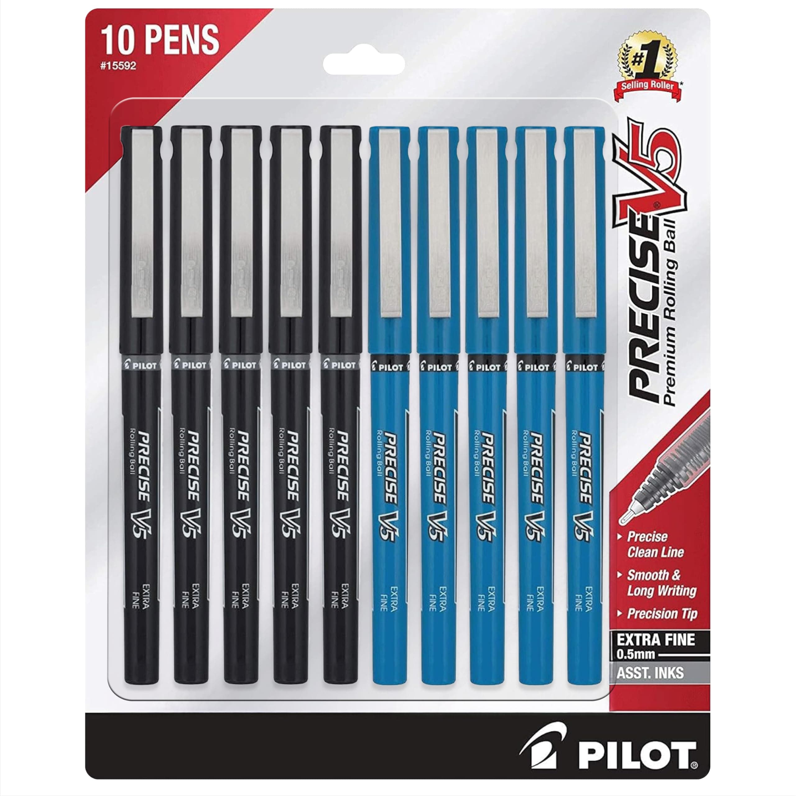 PILOT Precise V5 Rolling Ball Pen Extra Fine Point 0.5mm, 5 Black and 5 Blue Liquid Ink Rollerball Pens. pack of 10