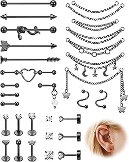 Surgical Steel Industrial Barbell Earrings with Chain for Women Dangle Cartilage Earring Studs Cartilage Helix Tragus Daith Industrial Piercing Jewelry Set