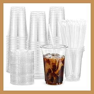 Pokanic Plastic Clear Cups [16 oz] with Lids and Straws [50 Set] Disposable Cold Beverage Drinking Iced Coffee Water Juice Tea Party Travel Cafe Restaurant School Office Home Kitchen (50 Set, 16 oz)
