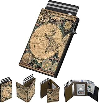 Mens Wallet Card Holder: Pop Up Aluminum Case, Carbon Fiber Leather, Smart, RFID Blocking, Slim, Minimalist, Front Pocket - 9-14 Card Capacity | ID Window | Cash Slot (Map)
