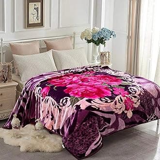 JYKKorean Mink Fleece Blanket for King Size Bed 83" X 91", 5.7 LB - 2 Ply Reversible Soft Warm Plush Flannel Blanket (King, Purple Floral)