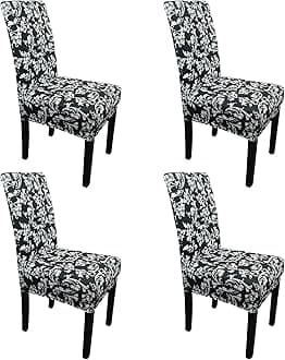Printed High-Back Chair Covers for Dining Room Chairs – Spandex Stretch, Universal Armless Chair Protective Slipcover for Kitchen, Wedding, Party, Banquet & Hotel, Floral Design - Black, Pack of 4