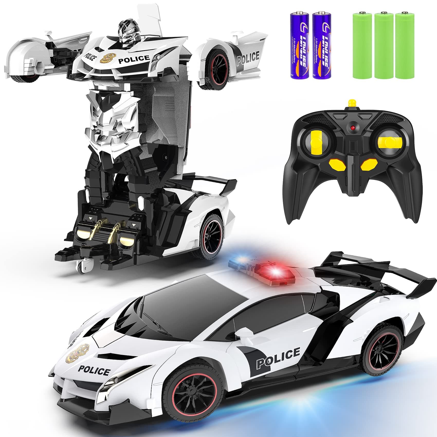 FDJ Remote Control Car - Transform Car Robot, One Button Deformation to Robot with Flashing Lights, 2.4Ghz 1:18 Scale Transforming Police Car Toy with 360 Degree Rotating Drifting, Boys Toys Gifts