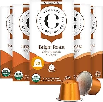 Cru Kafe Bright Roast USDA Organic Espresso Coffee Capsules (50 Pods) Fairtrade Coffee Pods Compatible with Nespresso Original Line and Pixie Machines