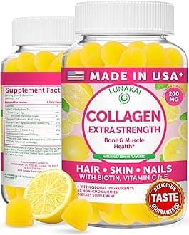USA Made Collagen Peptides Gummies - 200mg Non-GMO Anti-Aging Formula with Biotin, Zinc, Vitamins C & E for Hair, Skin and Nails, 60ct