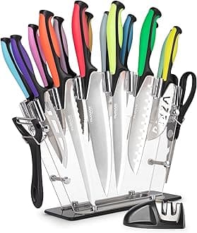 nuovva Professional Kitchen Knife Set with Block - Colourful 17 Piece Knives Set with Steak Knives - Clear Acrylic Block High Carbon Stainless Steel Blades - with Knife Sharpener Peeler and Scissors