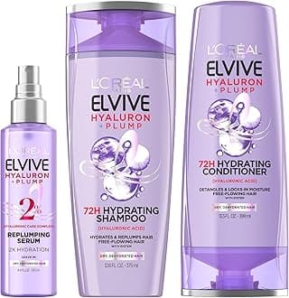 L'Oreal Paris Elvive Hyaluron Plump Hydrating Shampoo & Conditioner 12.6 Fl Oz, Moisture Serum with Hyaluronic Acid for Dehydrated, Dry Hair 4.4 Fl Oz