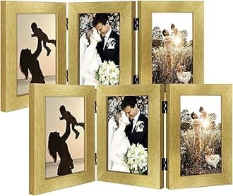 Golden State Art, 4x6 Three Picture Frame Trifold Hinged Photo Frame with 3 Openings, Desk Top Family Picture Collage, with Real Glass (4x6 Triple, Gold, 2-Pack)