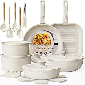 Astercook 23 Pcs Pots and Pans Non Stick Ceramic Cookware Set Detachable Handle, RV Stackable Kitchen Cooking Set Removable Handles, Oven Safe, Induction Ready, Cream White