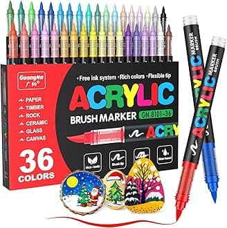 JRQ 36 Colors Acrylic Paint Markers, Brush Tip Paint Pens Acrylic Markers with Waterproof Long-Lasting Ink for Rock, Canvas, Fabric, Wood, Paper, Glass, Stone, Coloring Book DIY Crafts Art Supplies