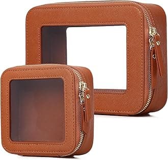 Clear Makeup Bag Set Travel Cosmetic Bag and Toiletry Bag Women's Purse Pouch Cosmetic Stroage Organizer Case with Zipper Car Essentials (Brown, M+Mini)