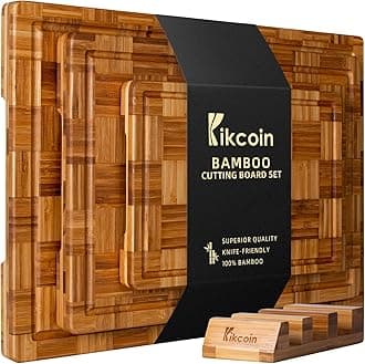 Kikcoin Extra Large Bamboo Cutting Boards, (Set of 3) Chopping Boards with Juice Groove Bamboo Wood Cutting Board Set Butcher Block for Kitchen, End Grain Serving Tray