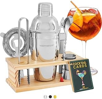 Modern Mixology Cocktail Shaker Set - 8 Piece Bartender Kit on Quality Pine Stand | Complete Cocktail Kit Gift Set | Top Bartender Gifts for Men | Leak Proof Design (Silver)
