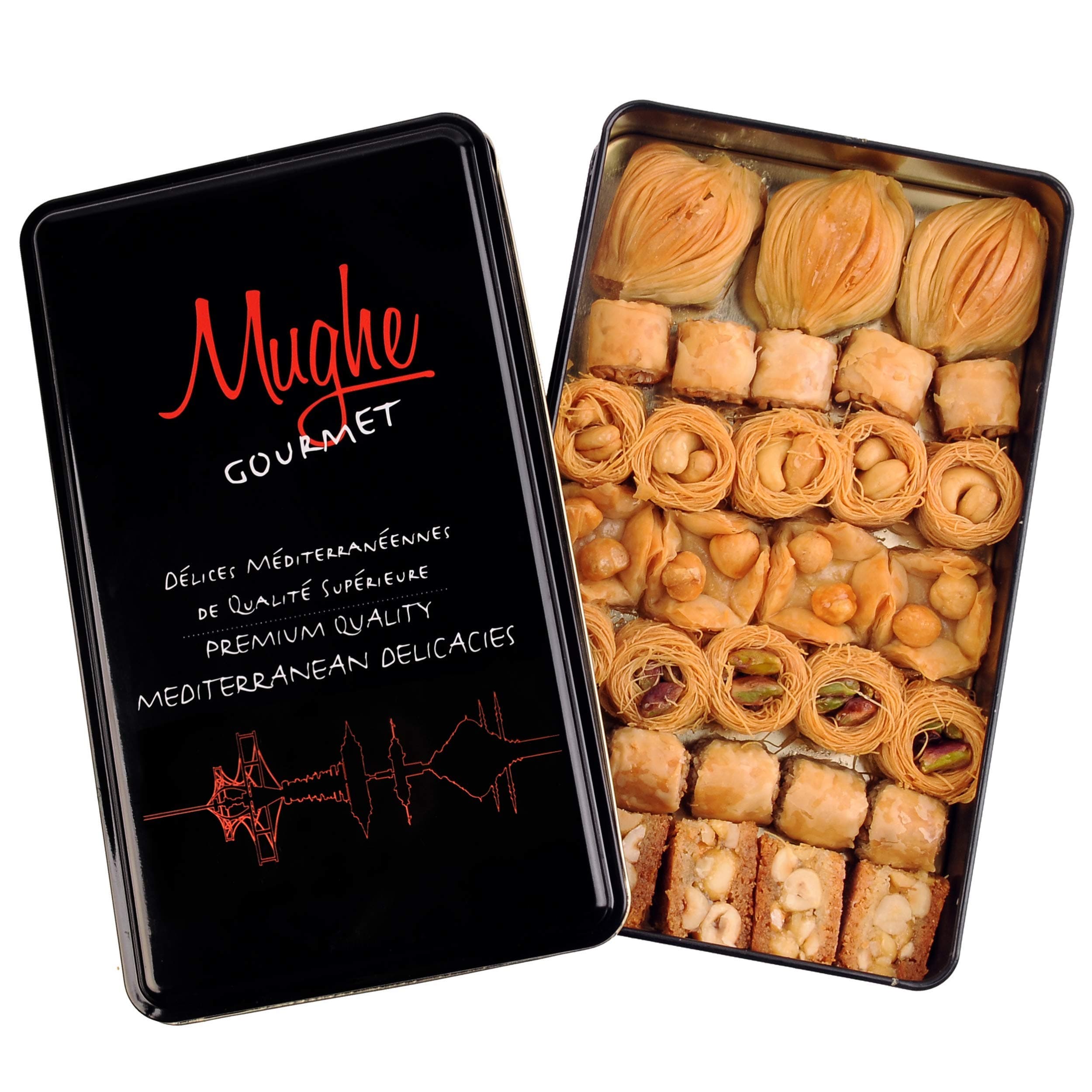 Mughe Gourmet Assorted Baklava Pastry Gift Elegant Tin Box - 500g 1.1lb 32 pcs - Turkish Pistachio, Almond, Walnut, Cashew, Hazelnut Bite Size Gifts Baklawa Sweet - Perfect for Birthday, Fathers Day