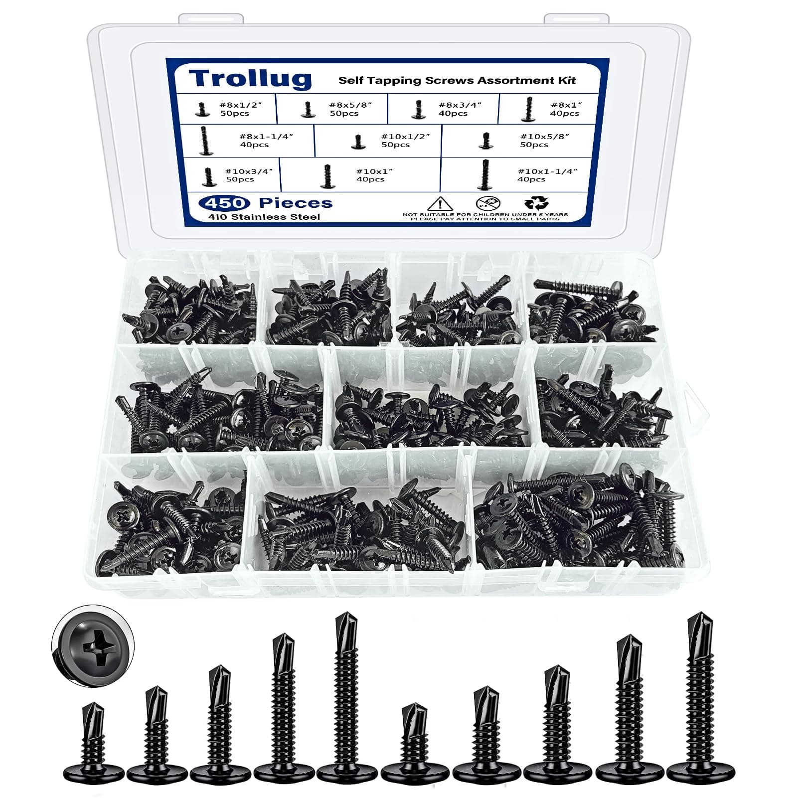 450PCS Self Tapping Screws for Metal, 410 Stainless Steel Self Drilling Screw...