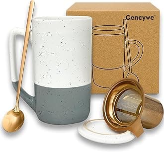 Ceramics Large Tea Cup with Loose Leaf Infuser, Spoon and Lid, 16 oz Tall Coffee Mug, Microwave and Dishwasher Safe, Rustic Matte Ceramic Glaze, Tea Strainer (Gray)