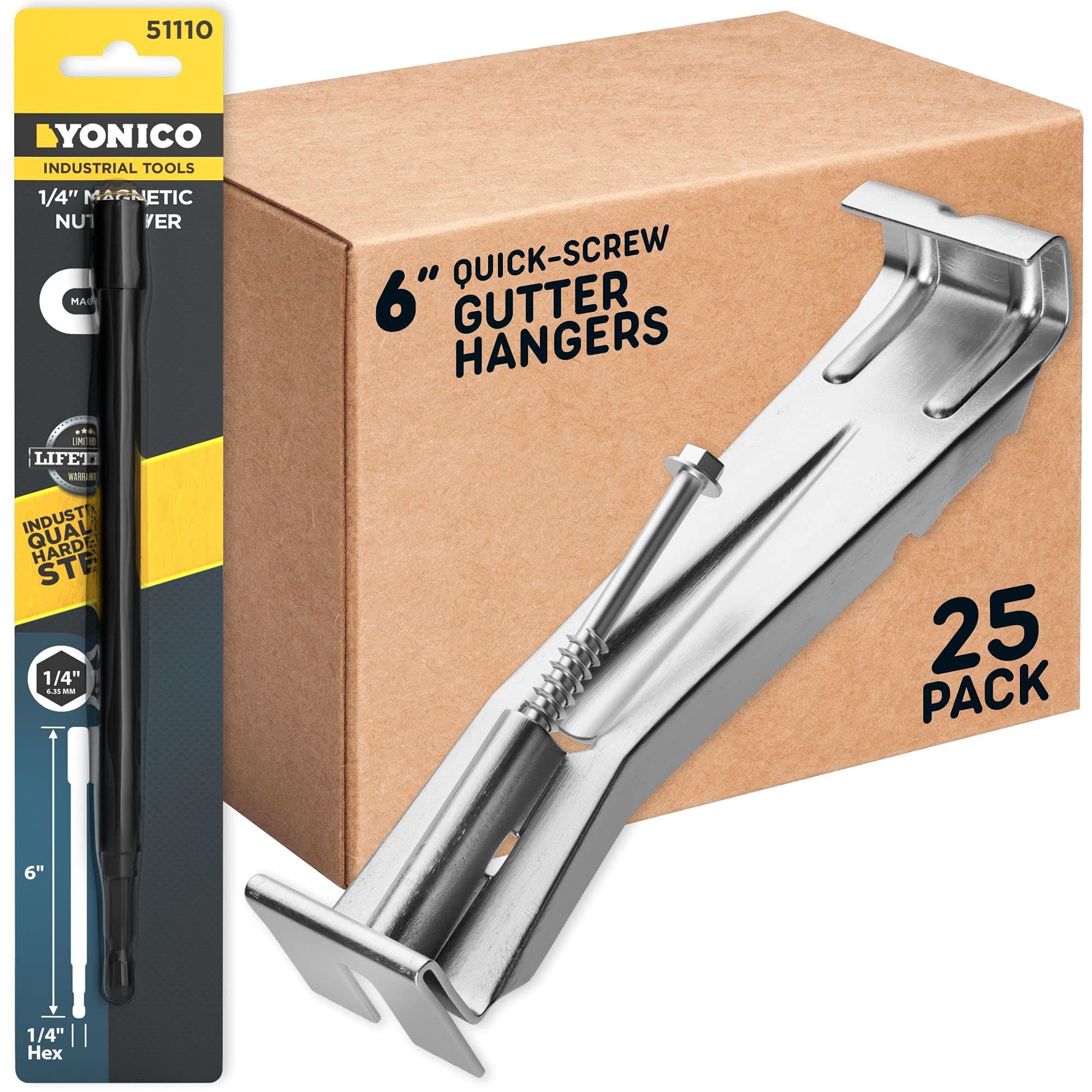 Quick Screw 6 Inch Gutter Hangers - 25 Pack - Gutter Brackets 6 Inch with Bonus 6 Inch Drill Bit - Hidden Bracket Clips with Pre-Assembled Screw - Fix Sagging Rain Gutters