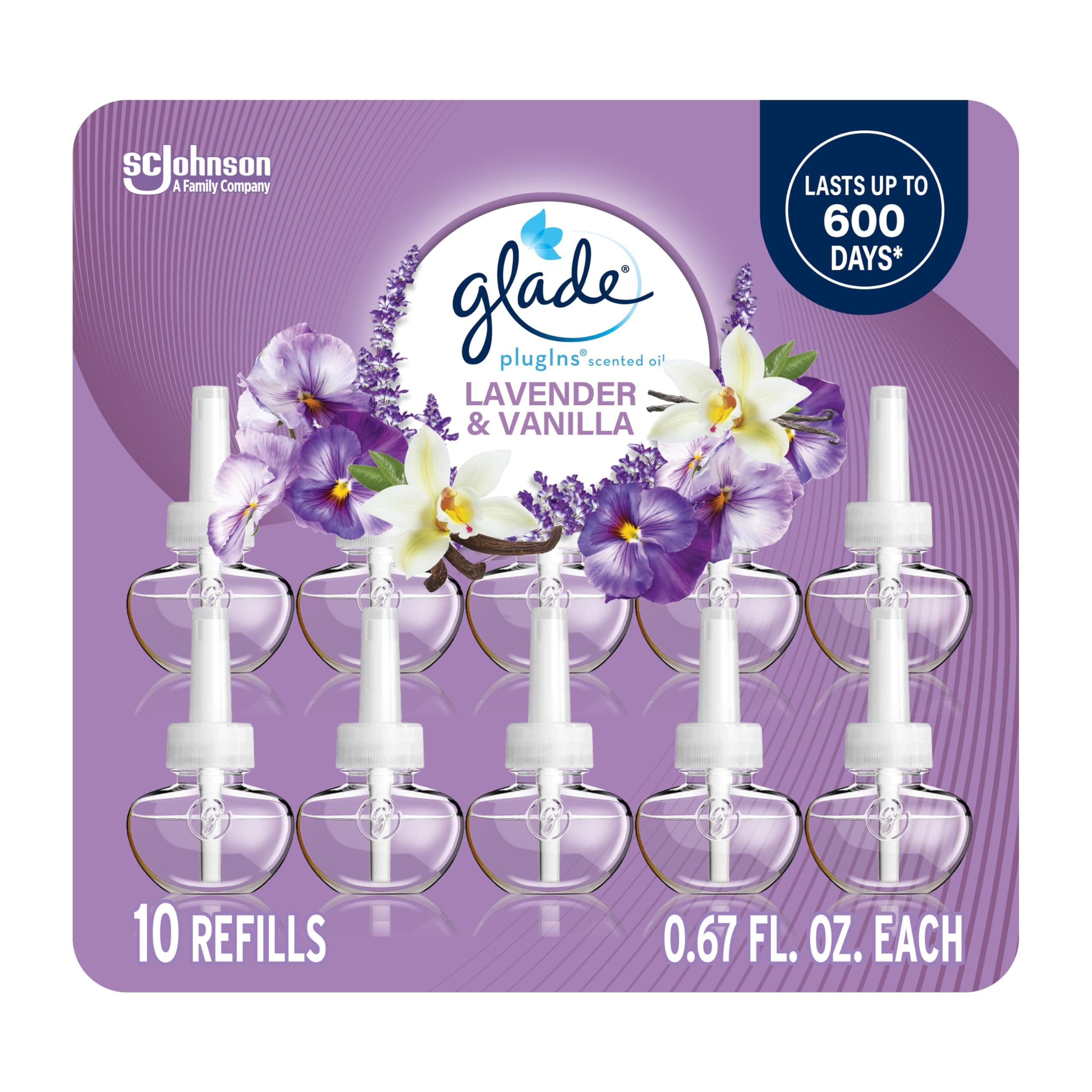 Glade PlugIns Refills Air Freshener, Scented and Essential Oils for Home and Bathroom, Lavender & Vanilla, 6.7 Fl Oz, 10 Count