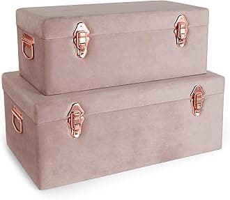 Beautify Storage Trunks, Set of 2 Pink Velvet Finish Storage Chests w/Rose Gold Detailing, Stackable Bedroom Chest Organiser w/Lockable Lids, Sturdy Multi-Purpose Bedding, Blanket & Toy Box