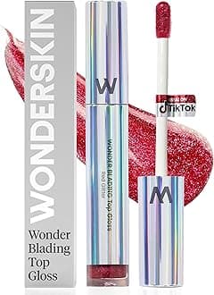 Wonderskin Lip Gloss Blading Top Gloss Red Glitter Lip Gloss, Hydrating and High Shine Finish Lip Makeup (Red Glitter)