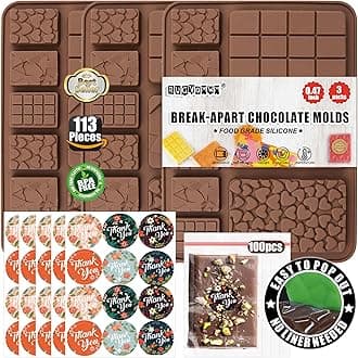 9 in 1 Silicone Break Apart Chocolate Bar Mold with Plastic Bags and Thanks for the stickers,Non Stick Homemade Protein and Energy Bar Mould - 113pcs