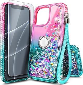 NGB Designed for iPhone 12 Pro-Max Case, Pink/Aqua | Glitter Liquid Sparkle Cute Cover for Women Girls Kids | with Tempered Glass Screen Protector & Ring Holder & Wrist Strap