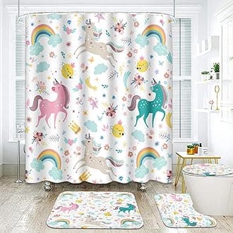 ArtSocket Unicorns Rainbow Bathroom Set with Shower Curtain and Rugs Accessories Cute Cloud Fun Girl Shower Curtain Set Kids Abstract Colorful Creative Vintage Bathroom Decor 4 Pcs