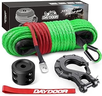 DAYDOOR Synthetic Winch Rope, 1/4 Inch x 50ft 10,000LBS Synthetic Winch Line, Winch Cable for Offroad Vehicle 4WD ATV UTV, Synthetic Rope with Forged Winch Hook and Rubber Stopper (Green)
